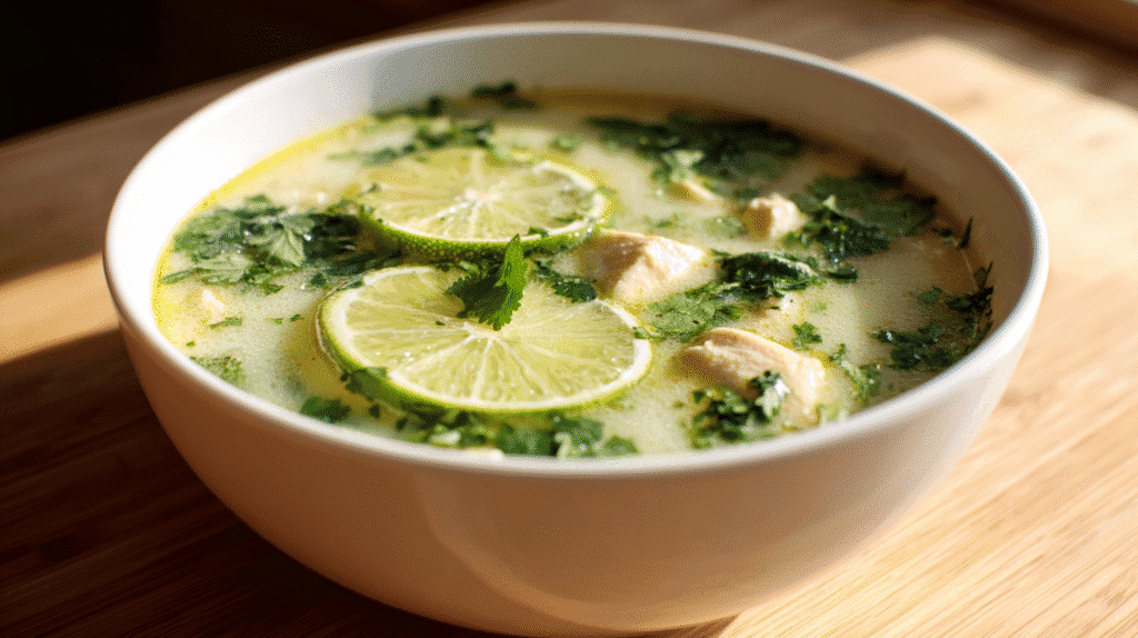 Ginger Lime Thai Soup for Cold Days served in white bowl