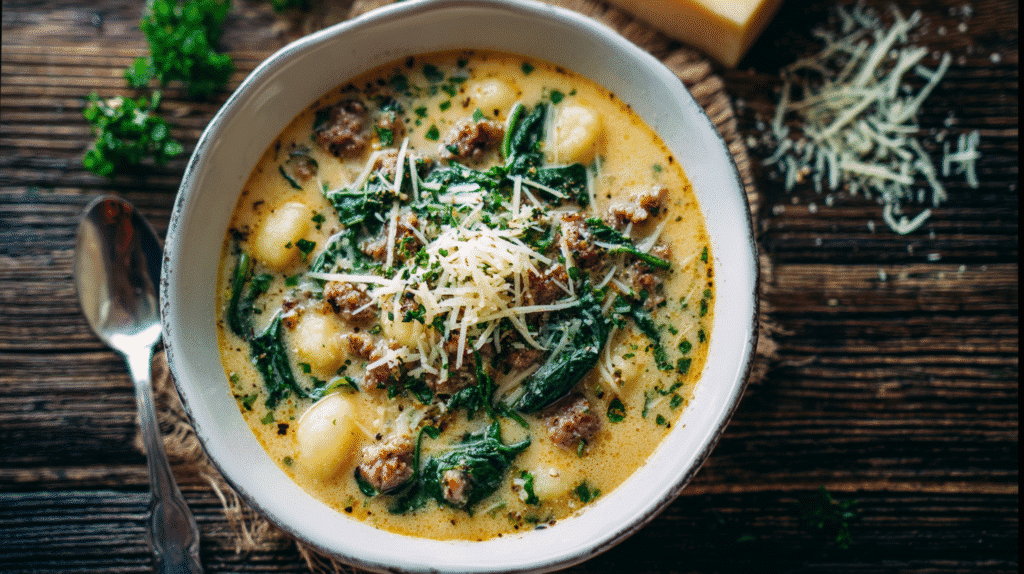 Creamy winter gnocchi soup with sausage, spinach, and Parmesan in a white bowl