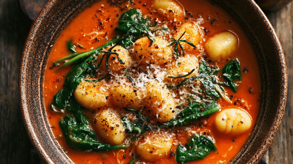 Tomato-based gnocchi soup with spinach and Parmesan in a rustic bowl