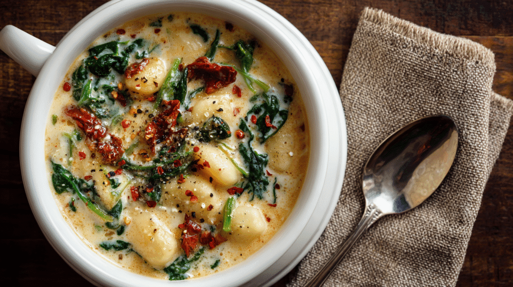 Creamy Tuscan gnocchi soup with spinach and sun-dried tomatoes in a white bowl