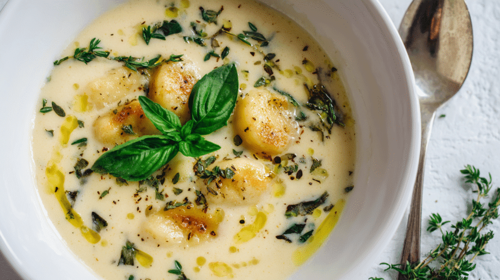 Creamy garlic gnocchi soup topped with basil leaves and olive oil drizzle