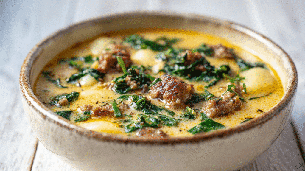 Bowl of creamy gnocchi soup with sausage and spinach on a white wooden background