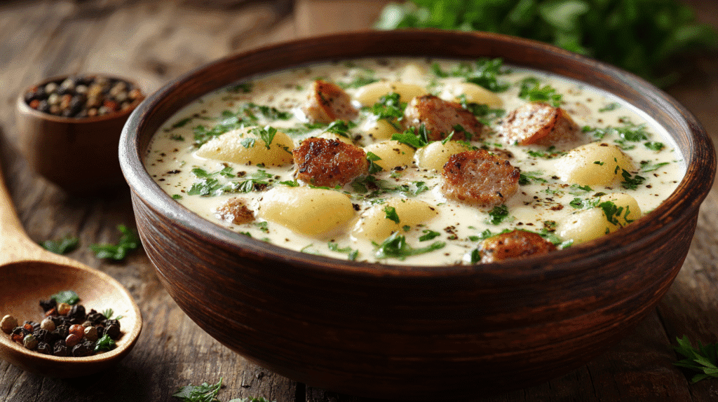 Creamy sausage and potato gnocchi soup in a rustic brown bowl on a wooden table