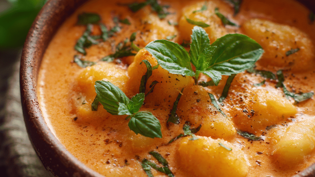 Creamy tomato gnocchi soup topped with fresh basil in a rustic bowl