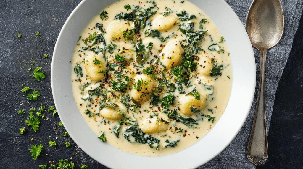 Creamy dairy-free gnocchi soup with herbs and greens in a white bowl