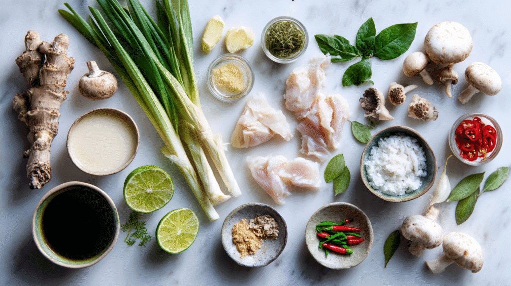 Ingredients for Thai Coconut Chicken Soup laid out on white background