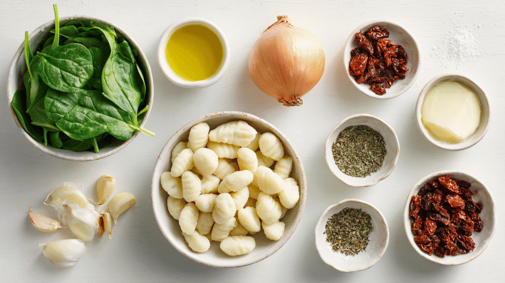Flat lay of ingredients for Tuscan Gnocchi Soup with Italian Herbs
