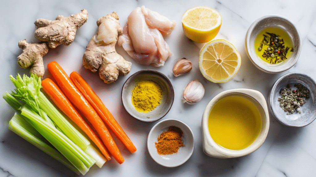 Ingredients for Ginger Turmeric Chicken Soup for Colds laid out on counter