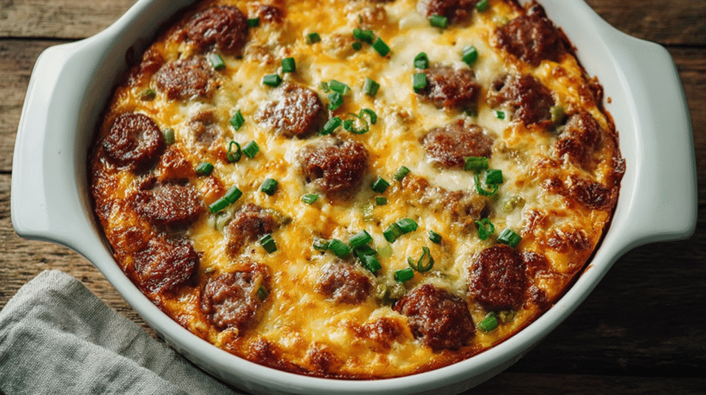 Baked casserole topped with browned sausage slices, melted cheese, and chopped green onions in a white baking dish.