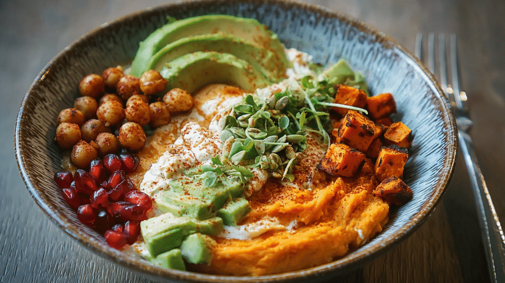 Colorful bowl filled with creamy mashed sweet potatoes, roasted chickpeas, sliced avocado, fresh sprouts, and a dollop of yogurt, served on a rustic wooden table.