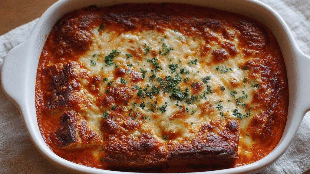 Golden baked cheese casserole with a crispy, bubbly top, sprinkled with fresh parsley in a white rectangular baking dish.