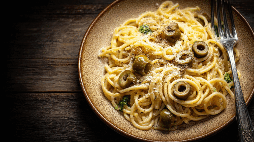 Creamy spaghetti topped with grated cheese and green olives, served in a rustic ceramic bowl with a fork on a wooden table.