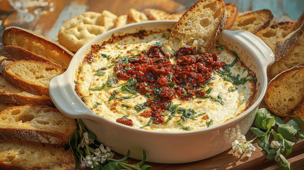 Creamy baked cheese dip topped with sun-dried tomatoes and herbs, served in a rustic ceramic dish alongside toasted baguette slices and crackers.