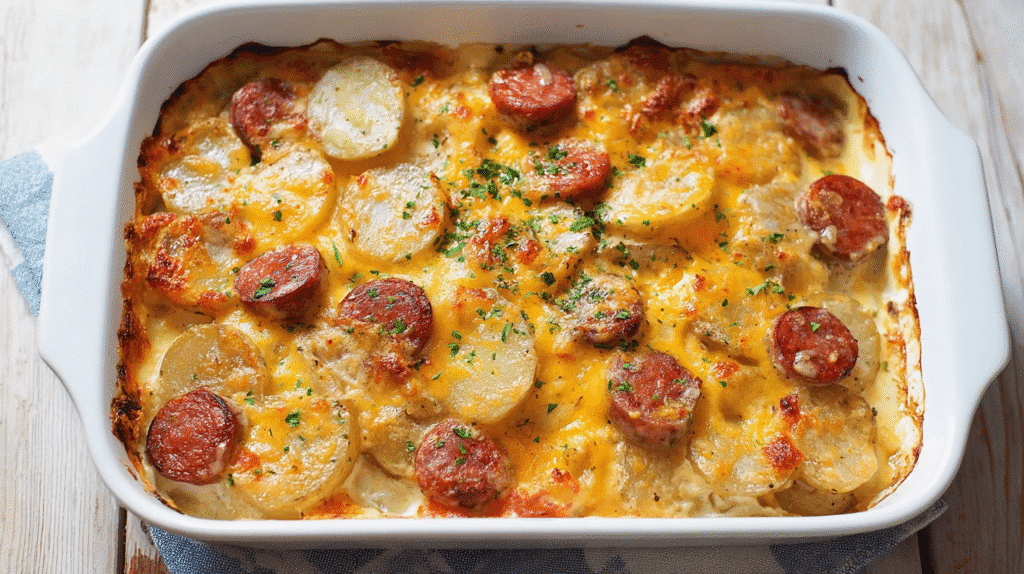 Casserole dish filled with sliced potatoes and browned sausage pieces, topped with melted golden cheese and fresh herbs.
