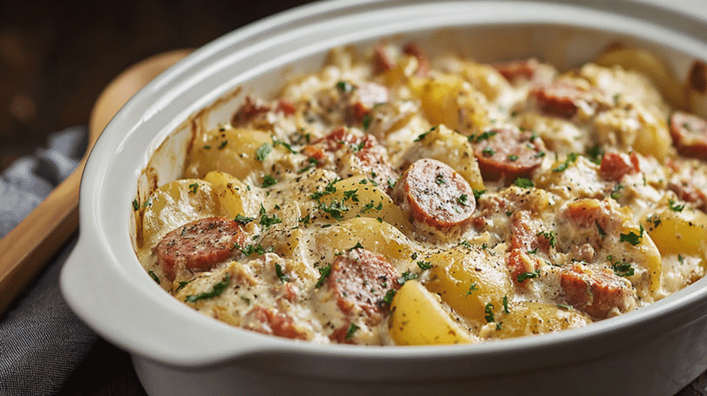 Creamy potato and sausage dish in a white casserole bowl, seasoned with herbs and black pepper.