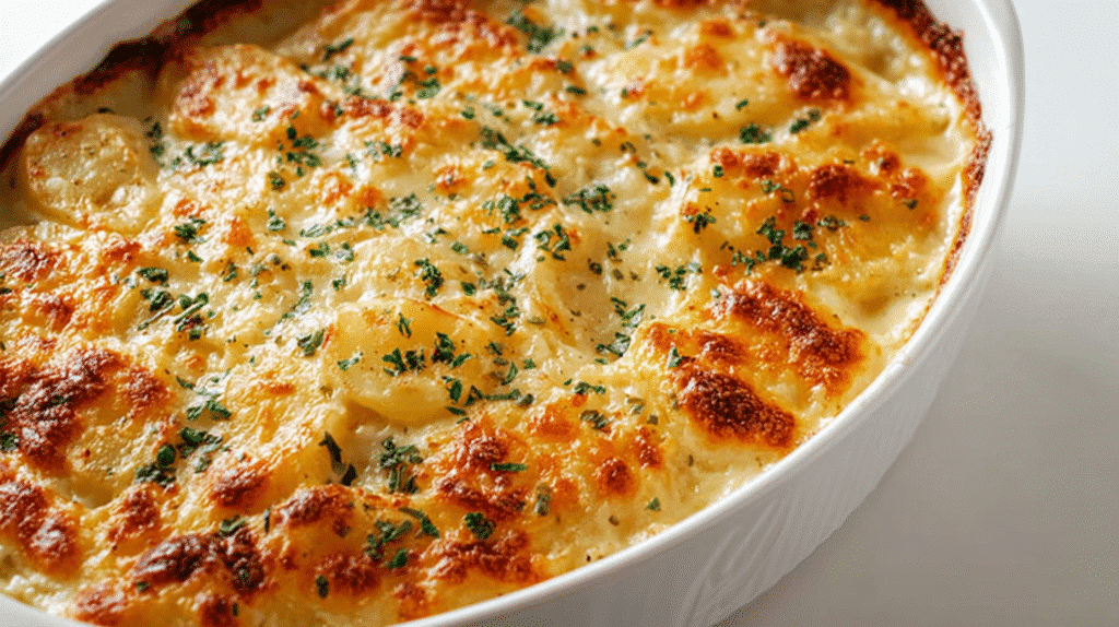 Creamy scalloped potato casserole with golden melted cheese and fresh herbs baked in a white dish.