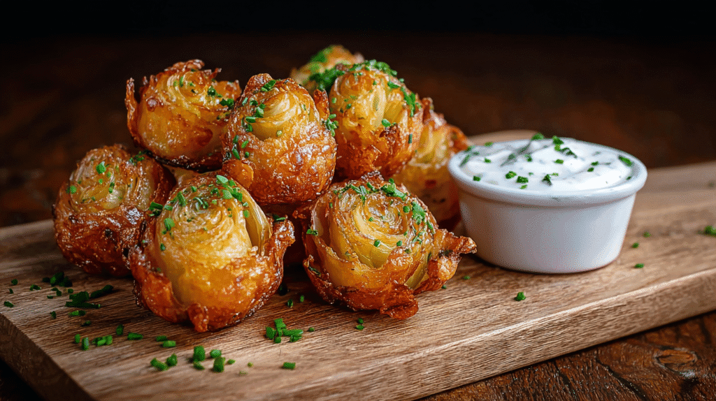 Crispy golden onion bites stacked on a wooden board, garnished with fresh parsley and served alongside a small ramekin of creamy dipping sauce.