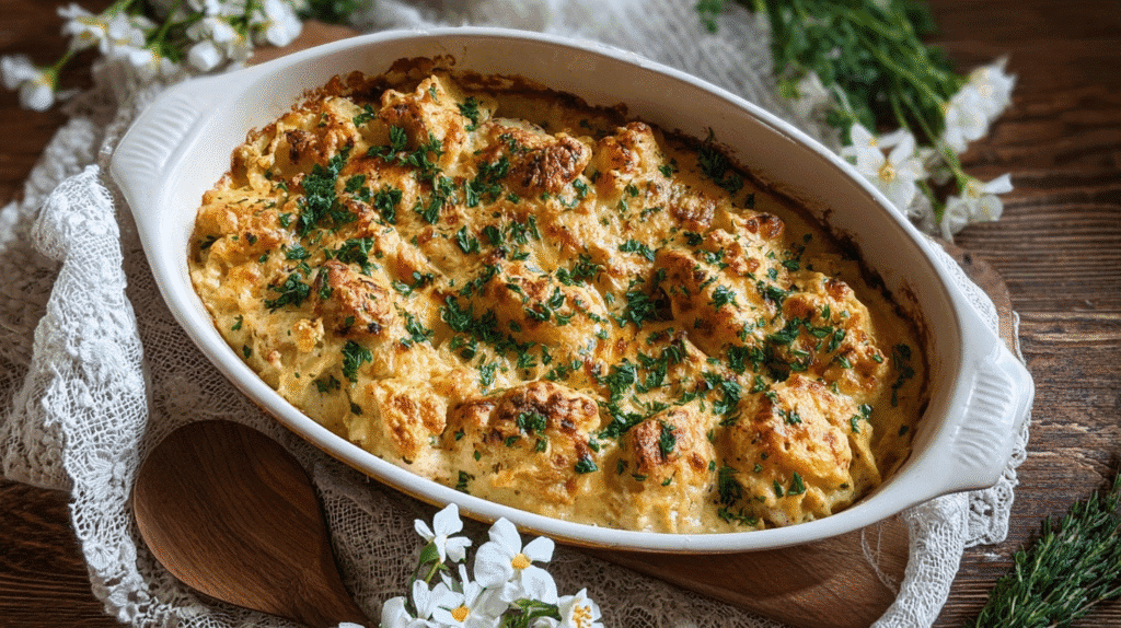 Creamy baked chicken casserole with golden, crispy edges, garnished with fresh herbs in a white ceramic baking dish on a rustic wooden table.