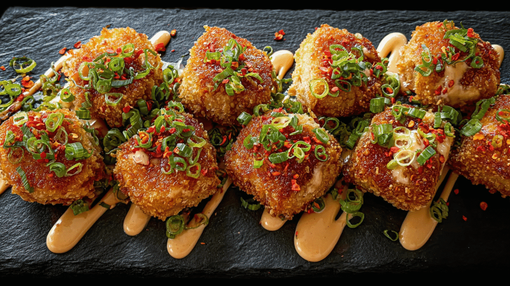 Crispy golden chicken bites coated in breadcrumbs, drizzled with a creamy sauce, topped with sliced green onions, sesame seeds, and chili flakes, arranged on a dark slate board.
