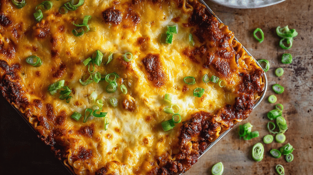 Golden baked casserole topped with melted cheese and fresh sliced green onions in a rectangular pan on a rustic surface.