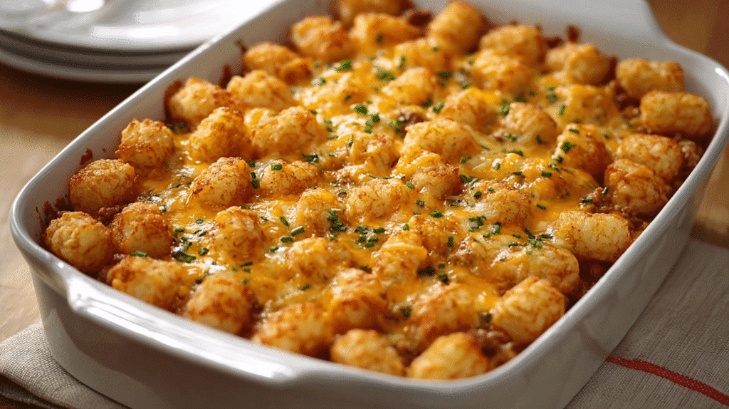 Golden tater tot casserole topped with melted cheese and sprinkled with fresh parsley in a white baking dish.