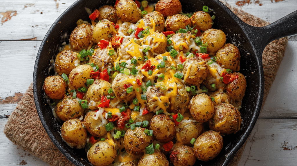 Skillet filled with golden roasted baby potatoes mixed with corn, sliced peppers, melted cheese, and green onions.