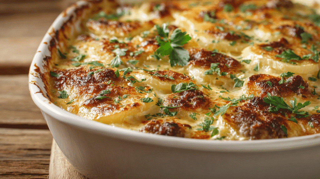 Golden baked potato casserole with melted cheese and fresh parsley in a white dish.