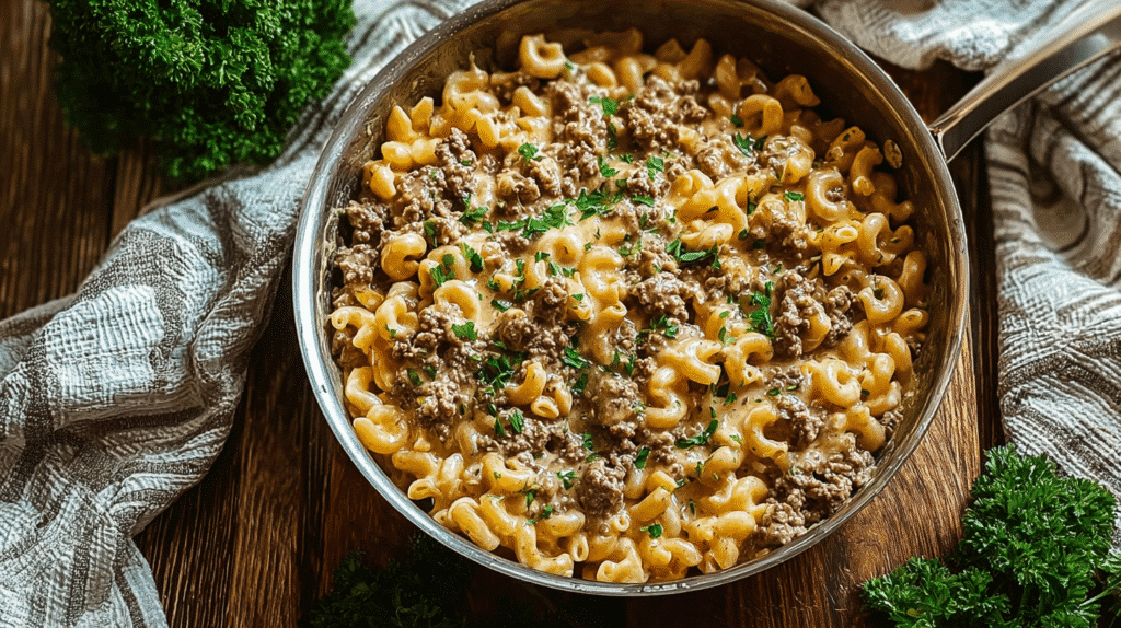 Creamy beef and noodle skillet dish topped with fresh parsley, served in a large stainless-steel pan on a rustic wooden board.