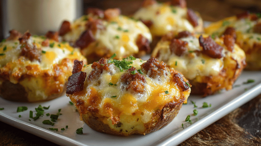 Mini cheesy potato and sausage muffin bites in a metal muffin tray, topped with chopped chives.