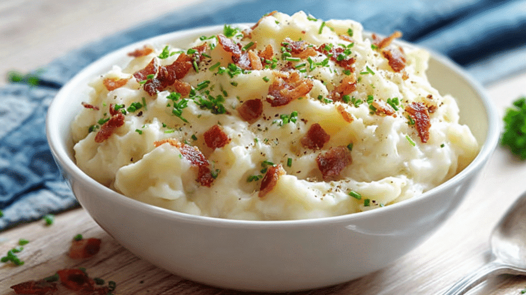 Creamy mashed potatoes topped with crispy bacon bits and fresh parsley in a white bowl.