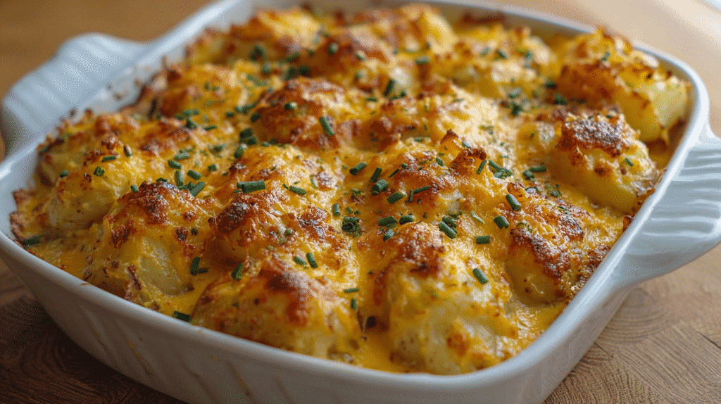 Golden, cheesy potato casserole with a crispy top and fresh parsley in a white baking dish.