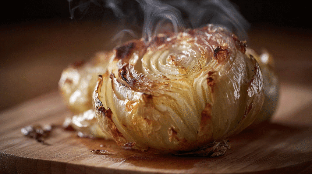 Hot roasted onion wrapped in foil, with melting butter and seasonings dripping between the caramelized layers and steam rising from the top.
