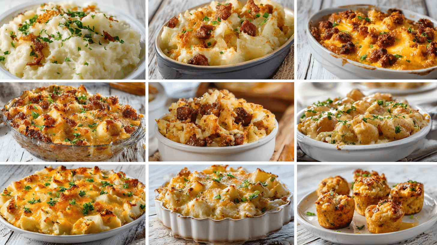 Food collage of ten potato-based dishes including casseroles, gratins, mashed potatoes, tater tot bake, skillet potatoes with vegetables, creamy sausage potato bake, and cheesy potato muffin bites, shown together in a unified grid with detailed textures and fresh herbs.