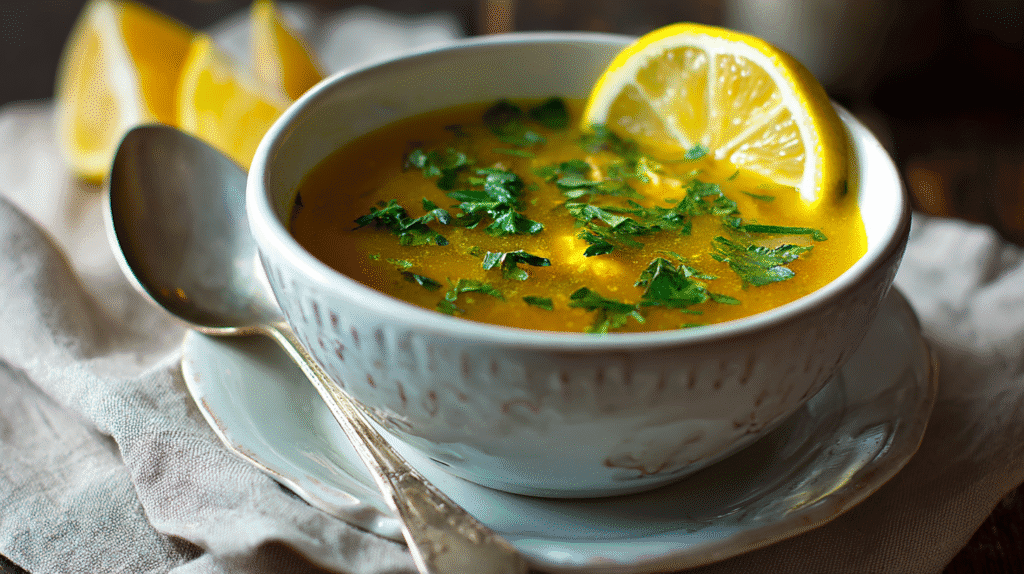 Bowl of Ginger Turmeric Chicken Soup for Colds with lemon and parsley
