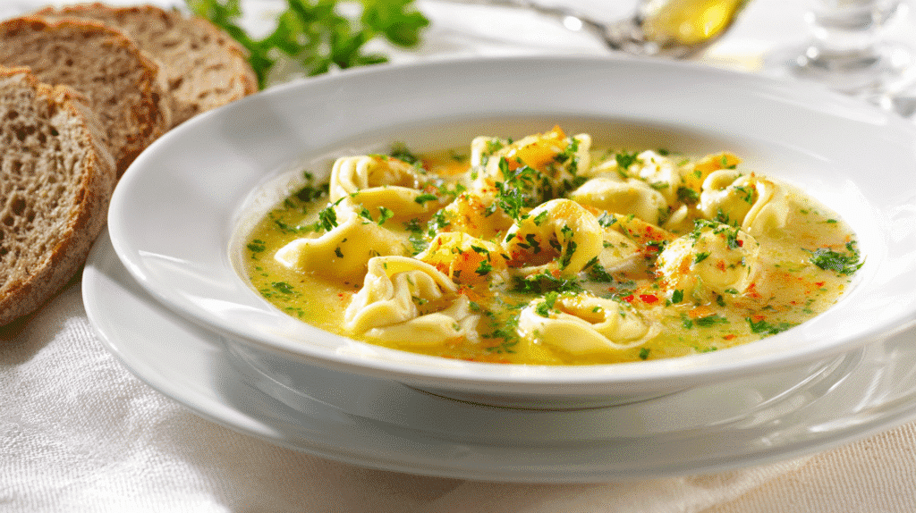 Served bowl of chicken tortellini soup