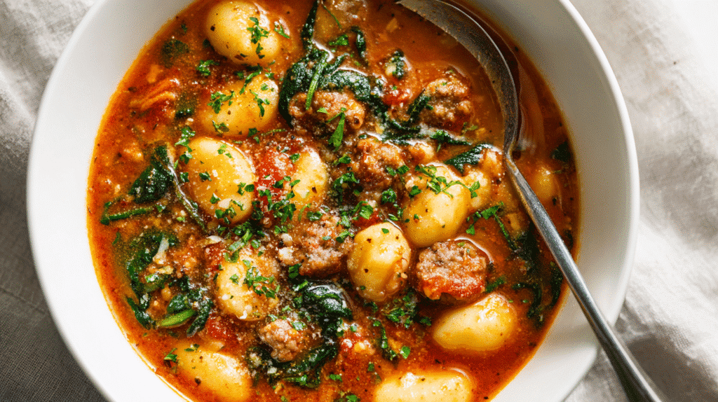 Bowl of rustic Italian gnocchi soup with sausage, spinach, and tomato broth