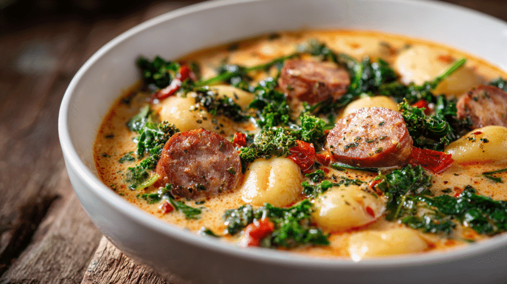 Bowl of spicy gnocchi soup with sausage and kale on a wooden table