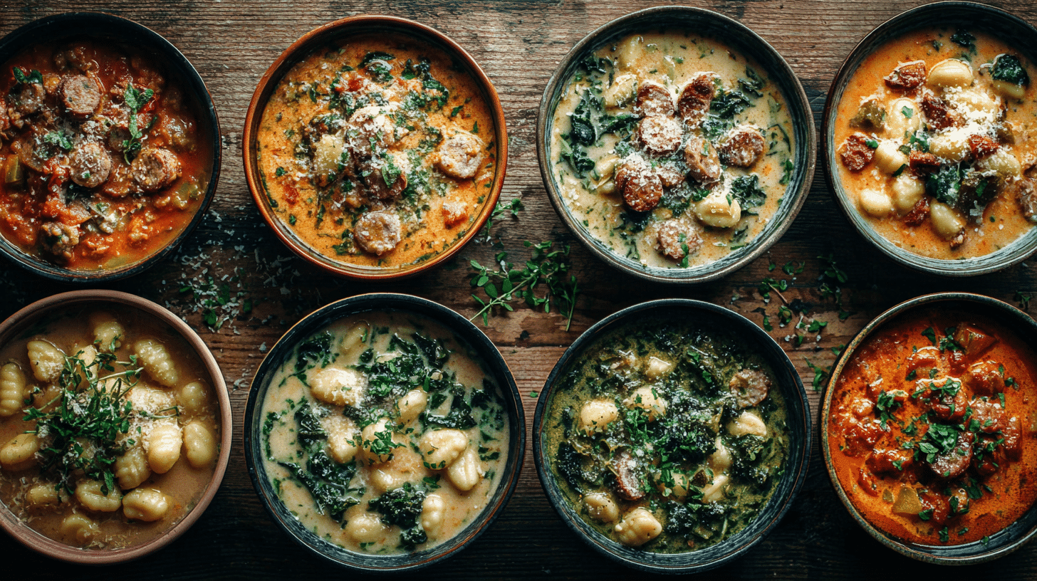 Ten bowls of different creamy and tomato gnocchi soups arranged on a rustic wooden table