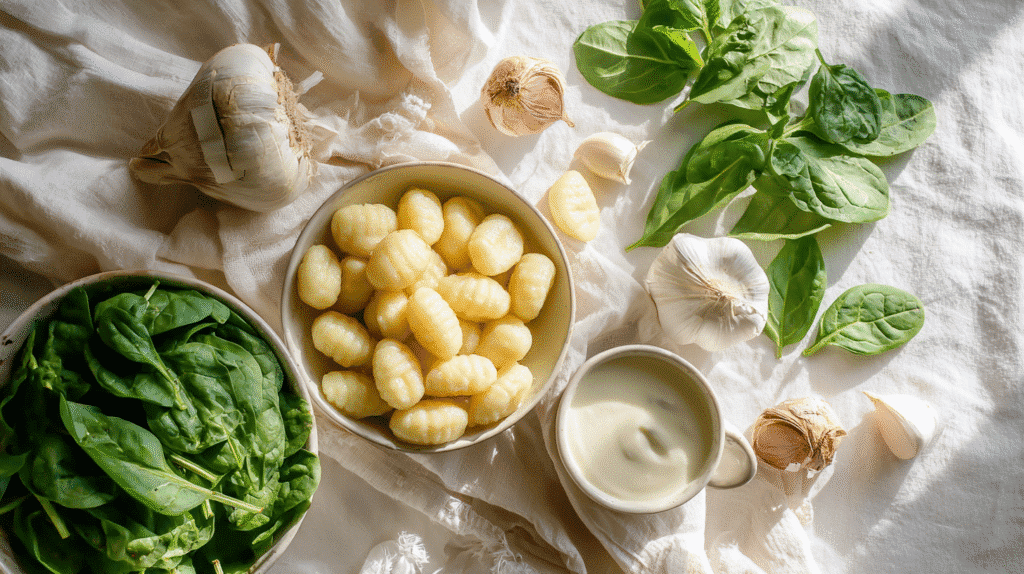 Ingredients for creamy garlic gnocchi soup laid out on white surface