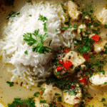 Close-up of Restorative Chicken & Lemon Soup with rice and lemon