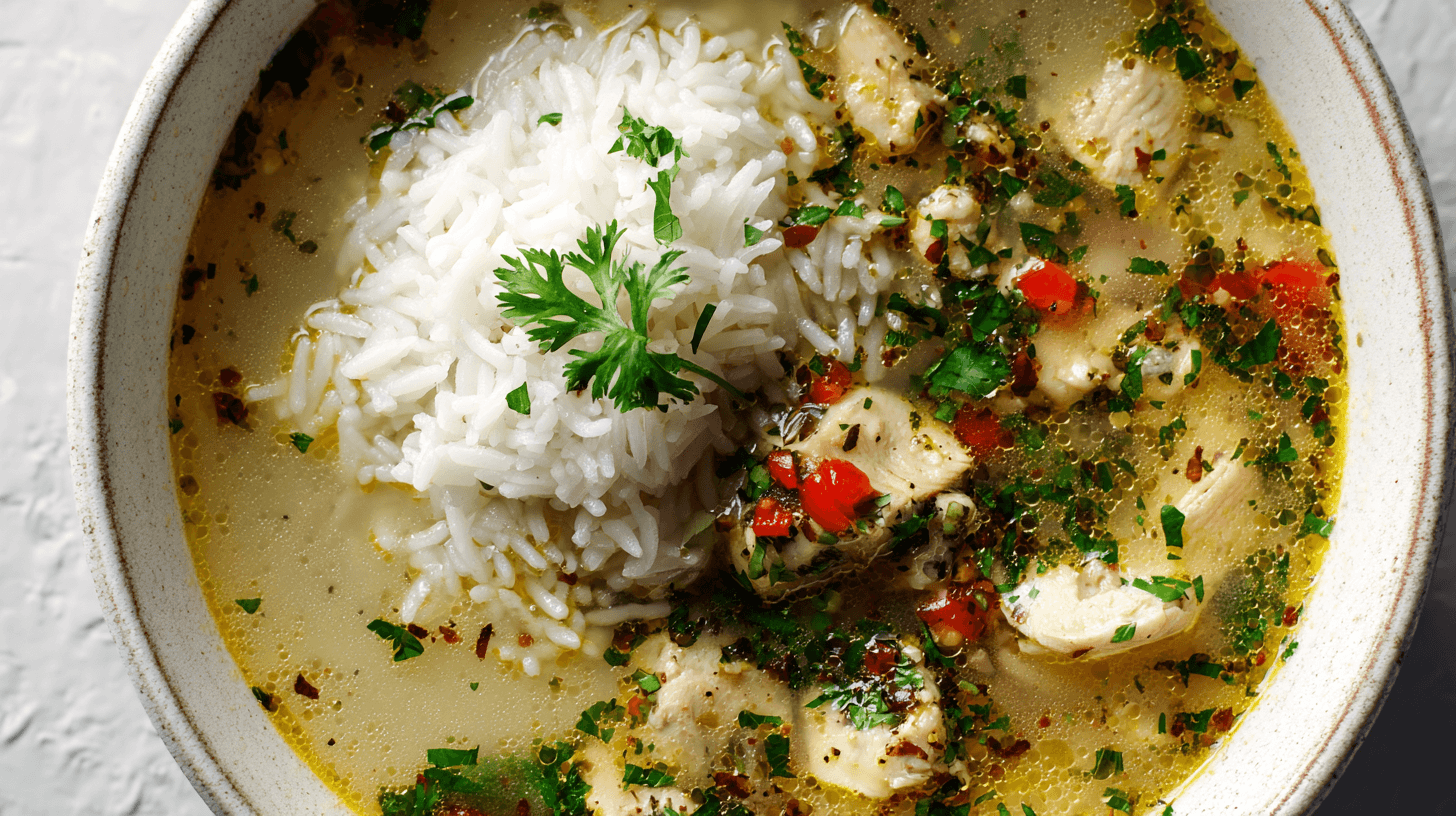 Close-up of Restorative Chicken & Lemon Soup with rice and lemon