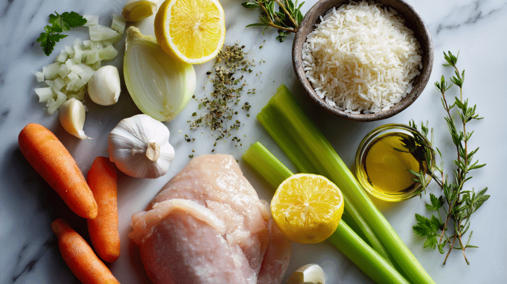 Ingredients for making chicken lemon soup including herbs, lemon, and rice