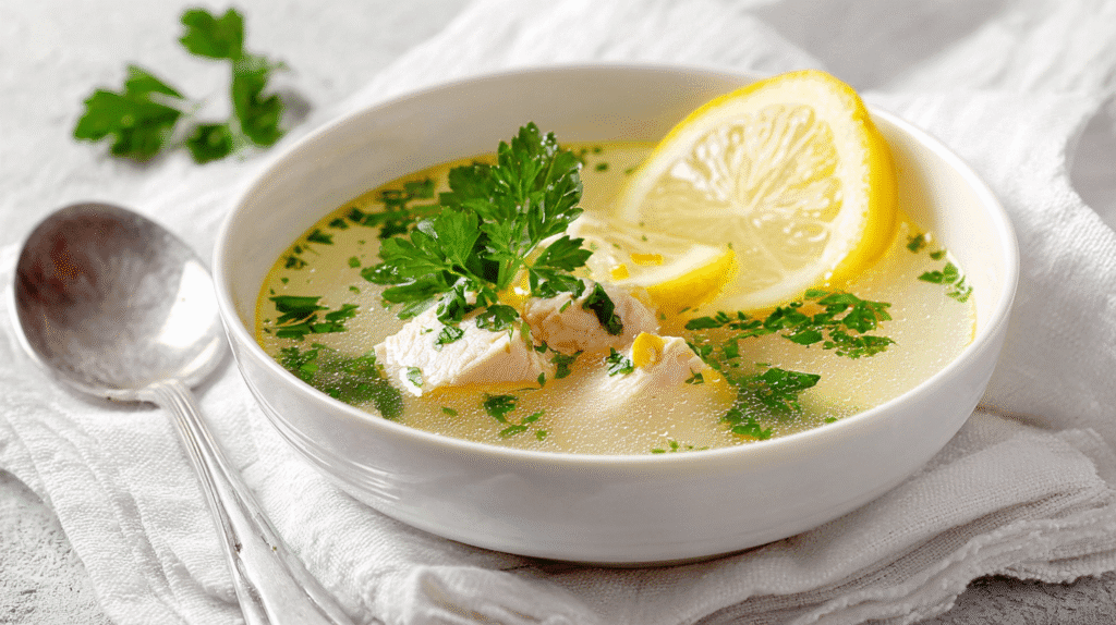 Served bowl of restorative chicken lemon soup garnished with herbs