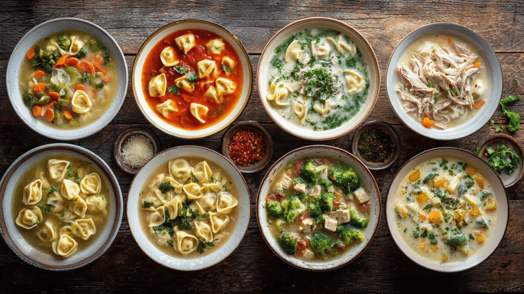 Collage of ten Chicken Tortellini Soup variations, including classic broth, creamy Tuscan, tomato basil, lemon, broccoli, Parmesan, herb, healthy vegetable, and creamy versions arranged in a top-down display