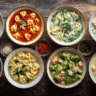 Collage of ten Chicken Tortellini Soup variations, including classic broth, creamy Tuscan, tomato basil, lemon, broccoli, Parmesan, herb, healthy vegetable, and creamy versions arranged in a top-down display