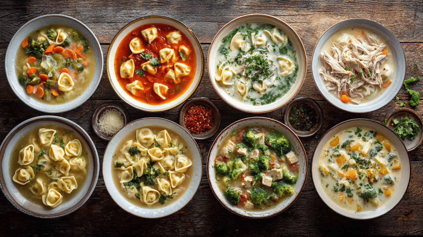 Collage of ten Chicken Tortellini Soup variations, including classic broth, creamy Tuscan, tomato basil, lemon, broccoli, Parmesan, herb, healthy vegetable, and creamy versions arranged in a top-down display