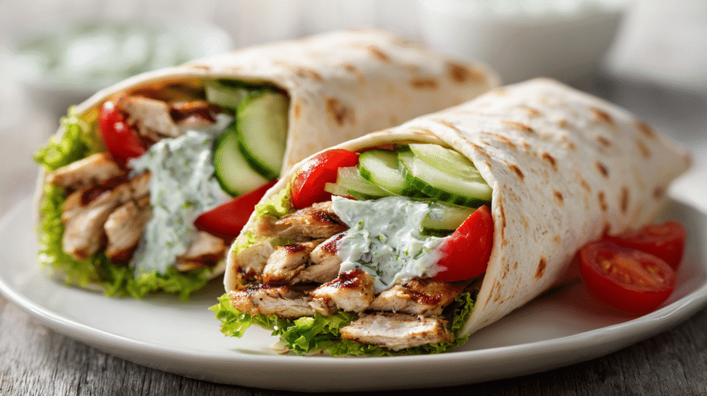 Mediterranean Garlic Chicken Wraps on white plate