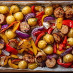 One Pan Sausage and Potatoes Dinner on baking tray