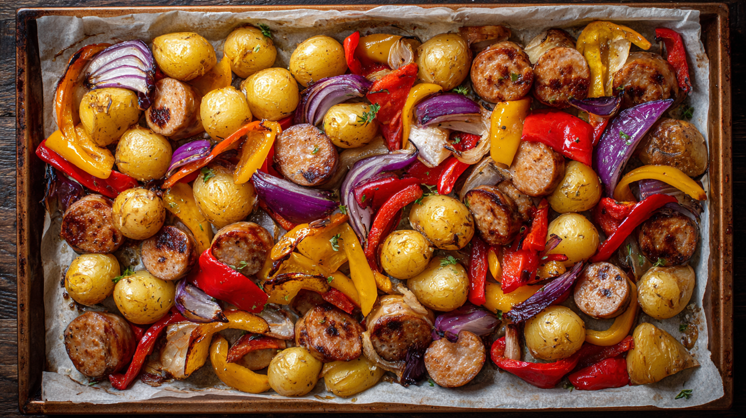 One Pan Sausage and Potatoes Dinner on baking tray