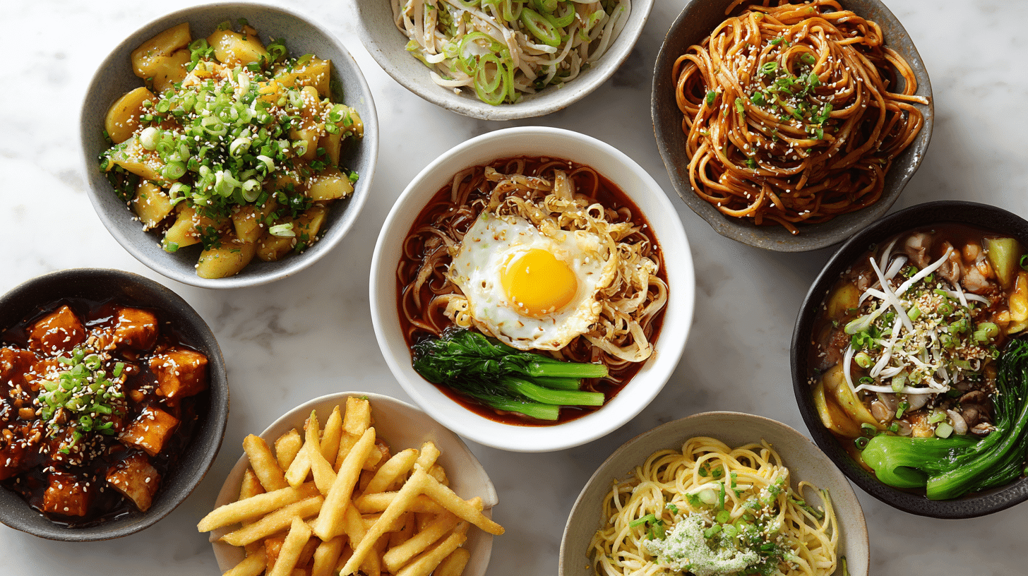 Food collage showing ten different noodle, pasta, soup, and potato dishes, including stir-fries, creamy pastas, spicy noodle soup, fries with dipping sauce, and rice noodles with tofu, all arranged in a bright, clean layout.